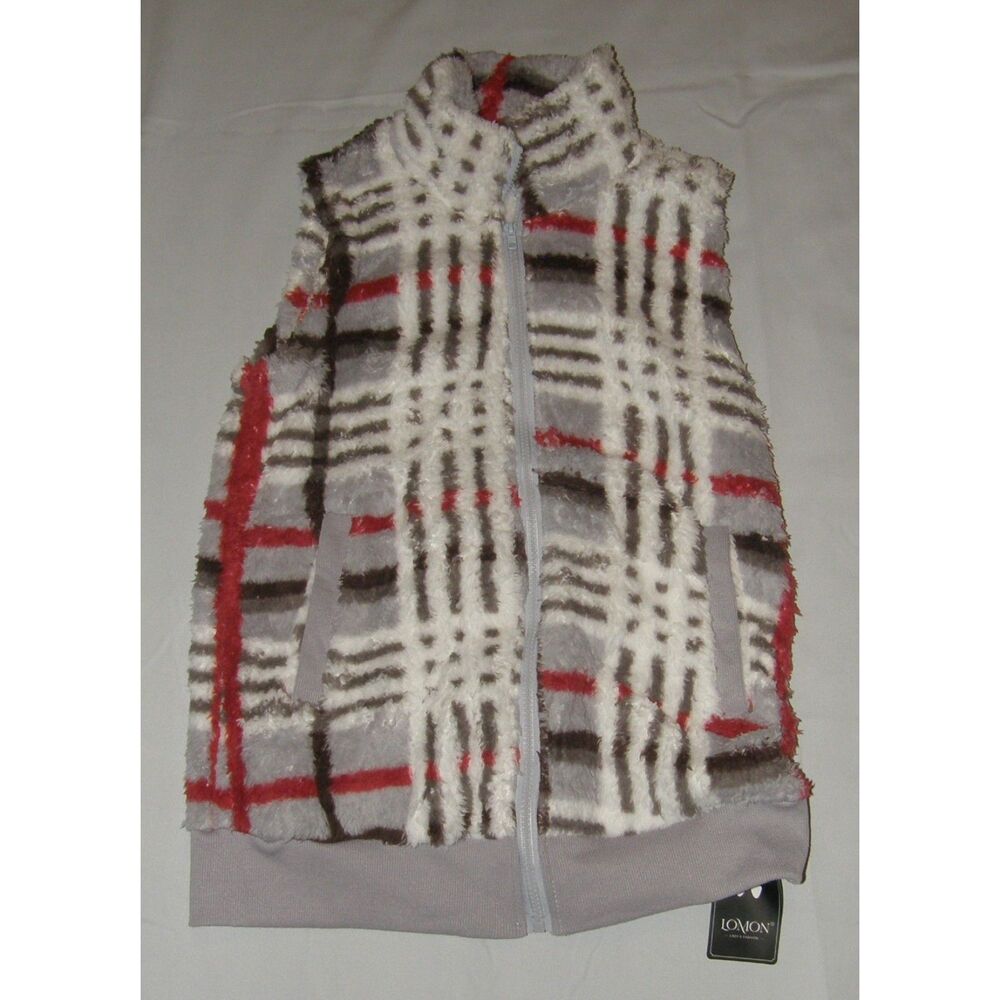 LOMON Multicolored Sz Small Full Zip Soft Stretchy Fuzzy Vest Front Pockets NEW